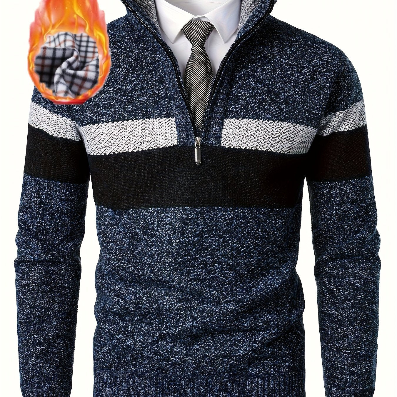 Pull homme tricoté à rayures, col montant zippé, doublure polaire beige et marron