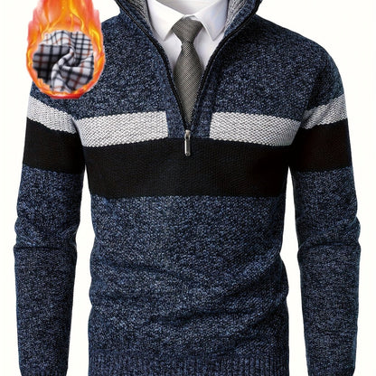 Pull homme tricoté à rayures, col montant zippé, doublure polaire beige et marron