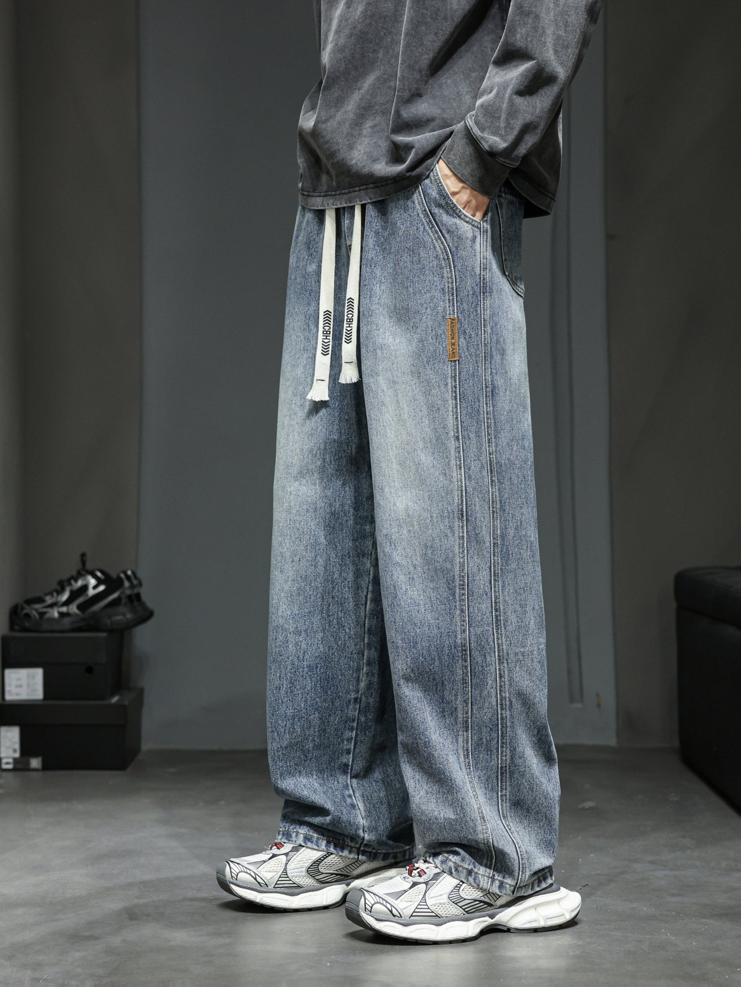 Losvallende brede jeans voor heren, casual stedelijke stijl