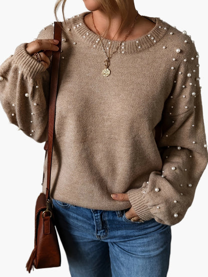 Elegant women's sweater with pearls, casual style, long sleeves