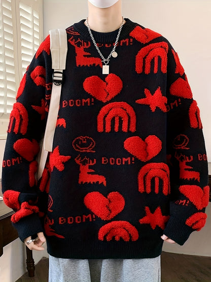 Pull tricoté col rond à motifs variés pour homme - Noir, Blanc ou Rouge