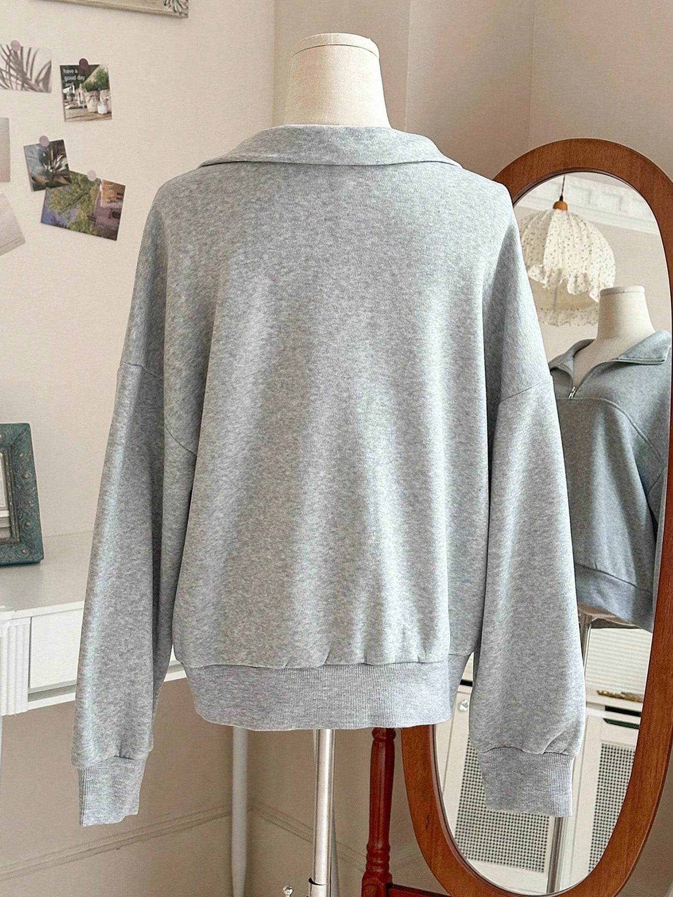 Sweatshirt Femme Col Zippé Gris à Manches Longues Doux
