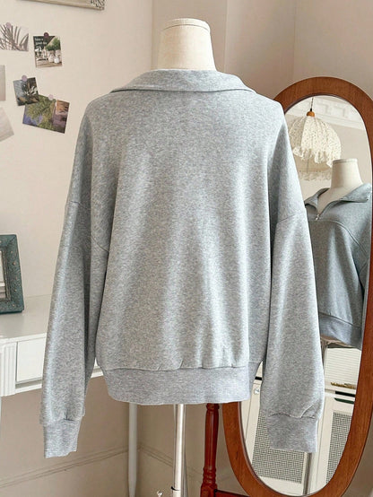 Sweatshirt Femme Col Zippé Gris à Manches Longues Doux