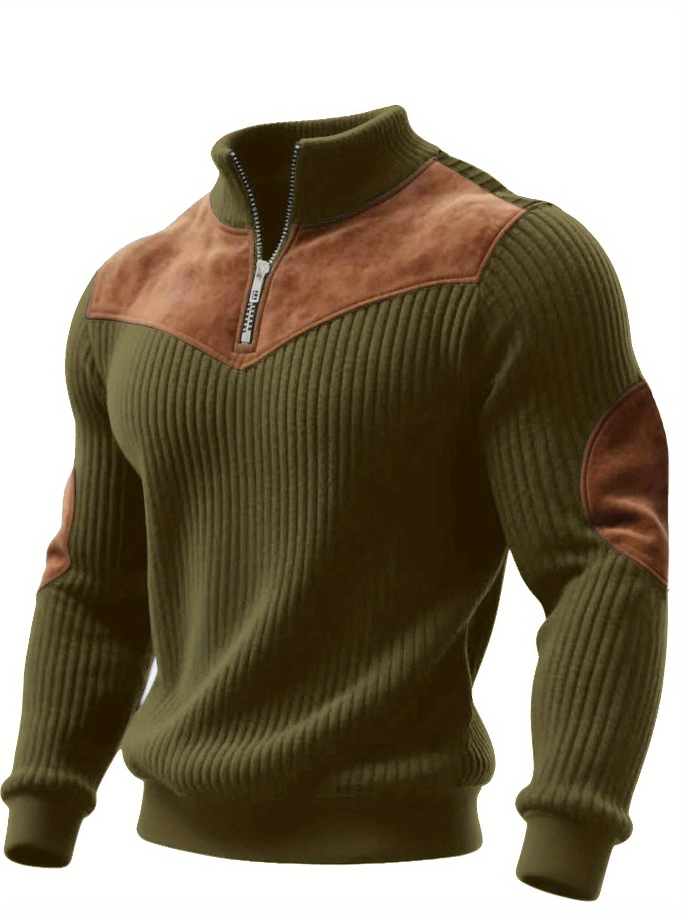 Pull Homme côtelé avec col montant zippé et empiècements suédine