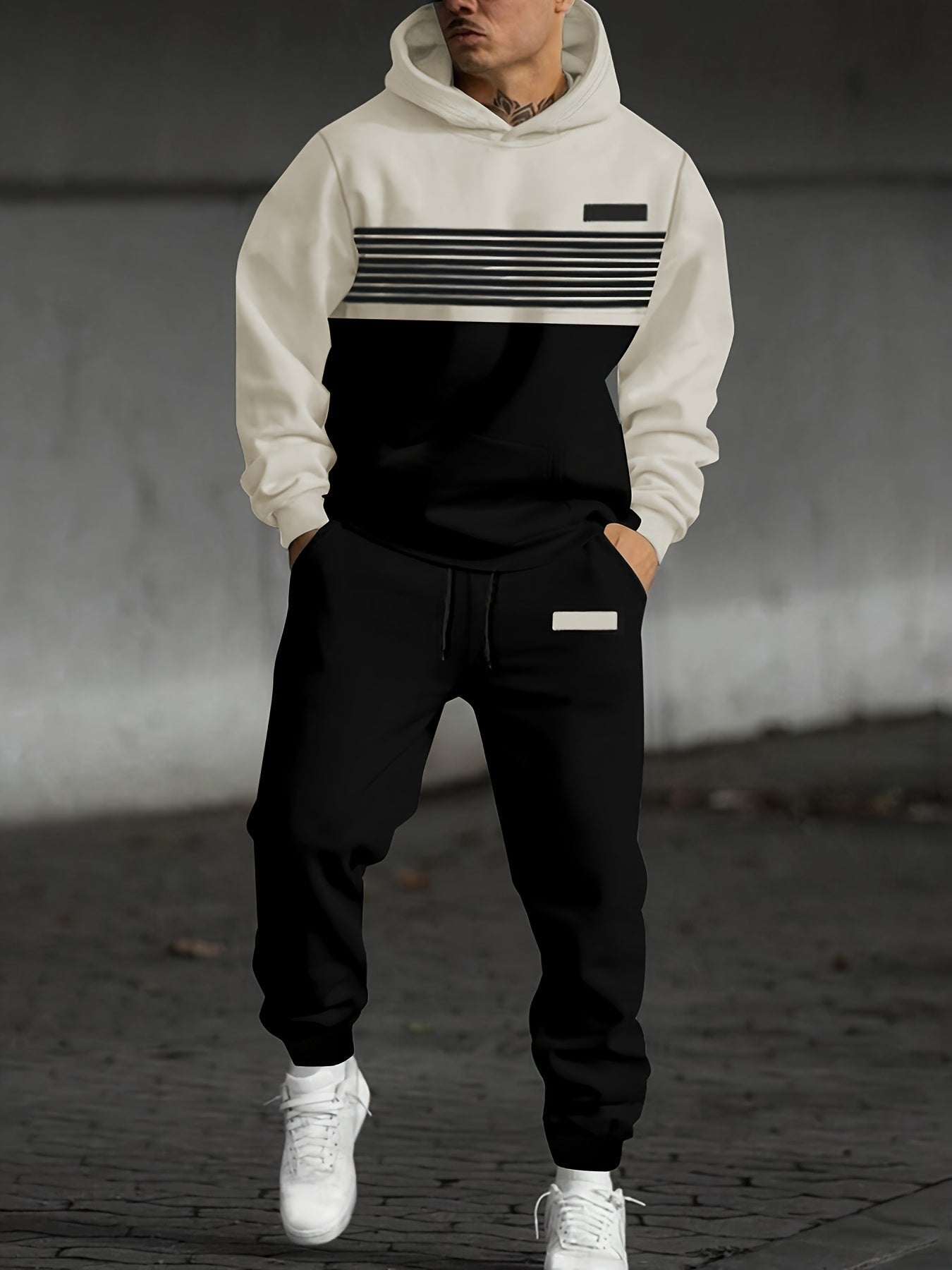 Ensemble Survêtement Homme Bicolore à Capuche et Bandes Horizontales Gris et Noir