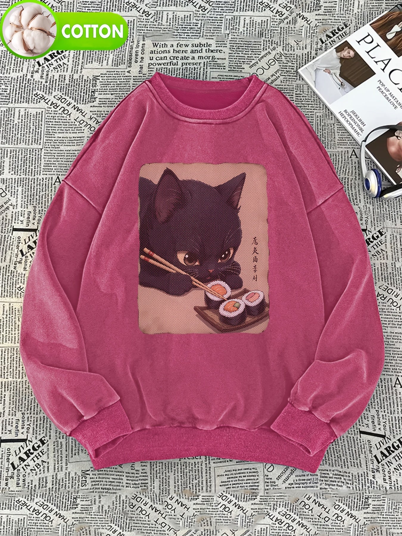 Sweatshirt unisexe gris charbon délavé avec motif chat mangeant des sushis