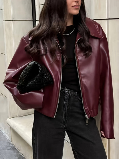 Veste courte bomber femme aspect cuir à fermeture éclair, col classique et ourlet côtelé