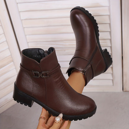 Bottines Femme à Boucle Métallique et Fermeture Éclair Latérale Semelle Crantée