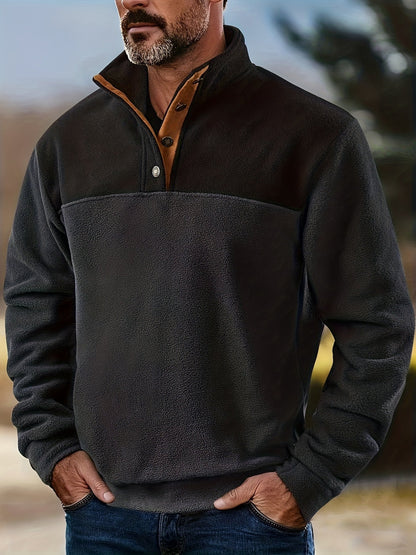 Pull Homme en Polaire Bicolore avec Col Montant et Boutons à Pression