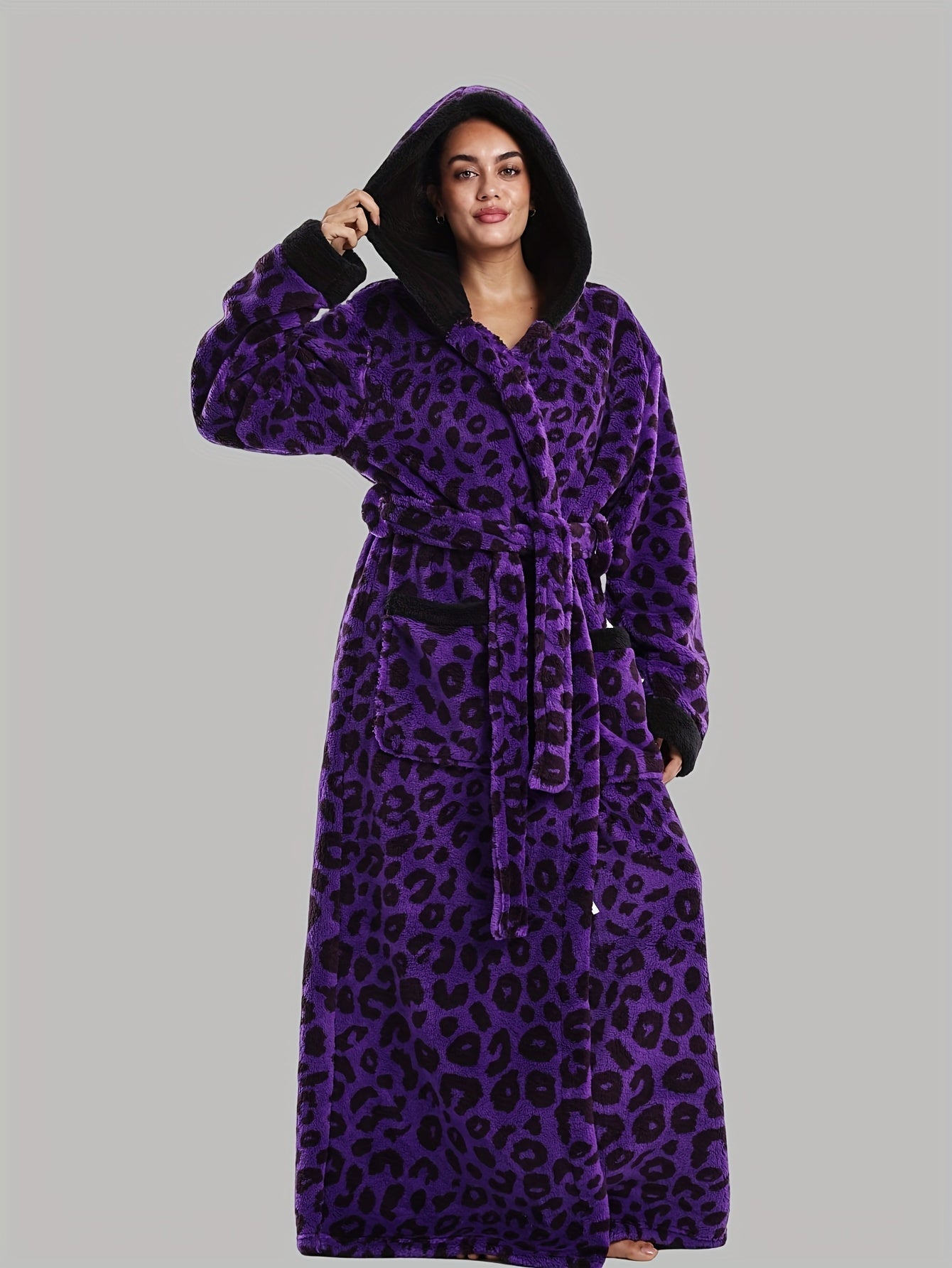 Robe de Chambre Femme Longue à Capuche Motif Léopard