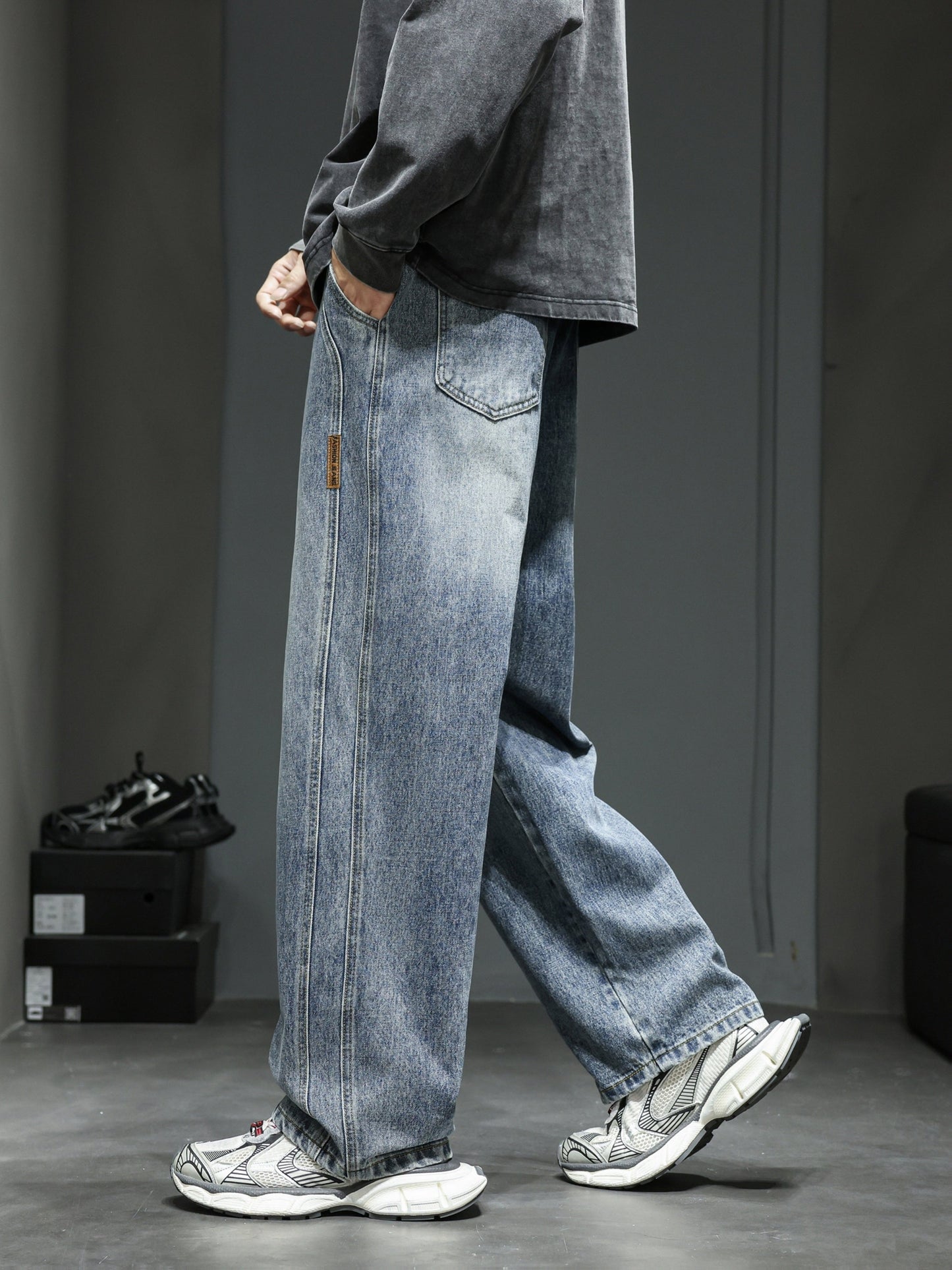 Losvallende brede jeans voor heren, casual stedelijke stijl