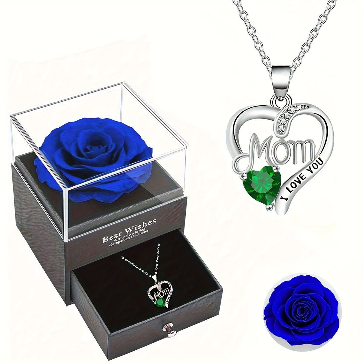 Collier Femme Pendentif Coeur 'Mom' avec Rose Éternelle – Cadeau Élégant pour la Fête des Mères
