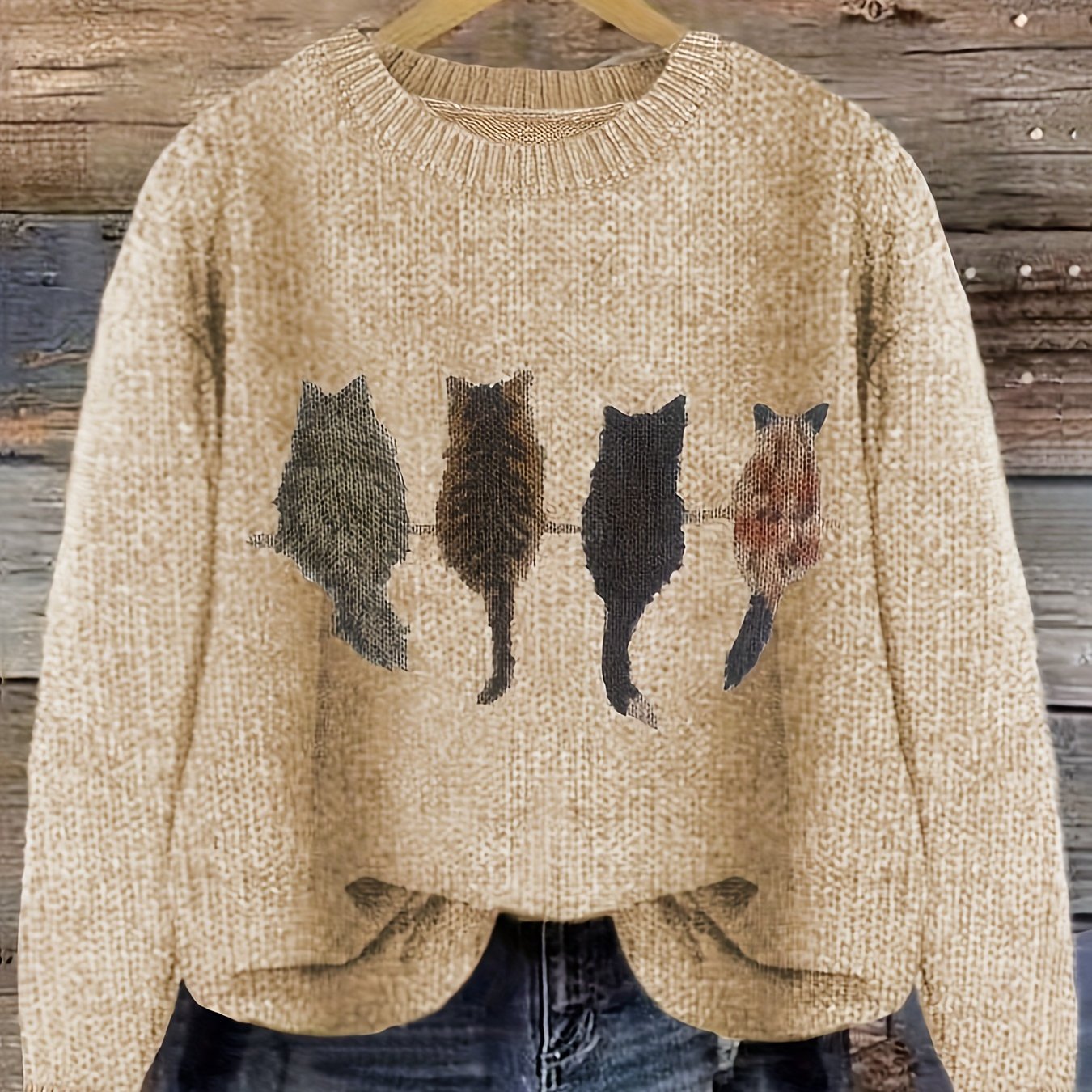 Pull en maille femme col rond à motif chats manches longues