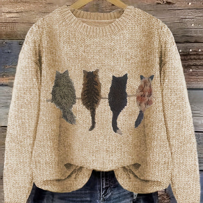 Pull en maille femme col rond à motif chats manches longues