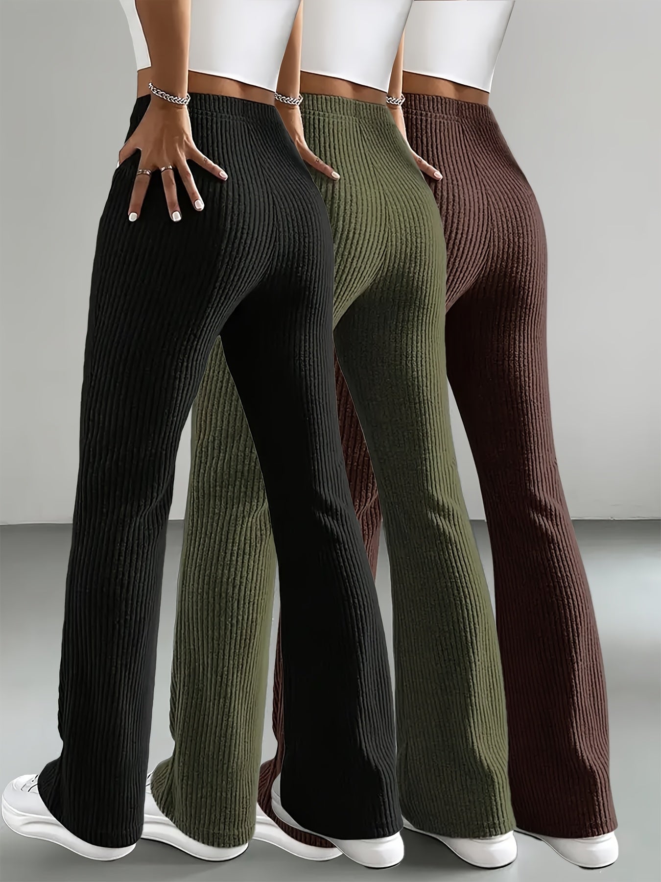 Pantalon côtelé évasé taille haute femme - Noir, Vert kaki, Marron
