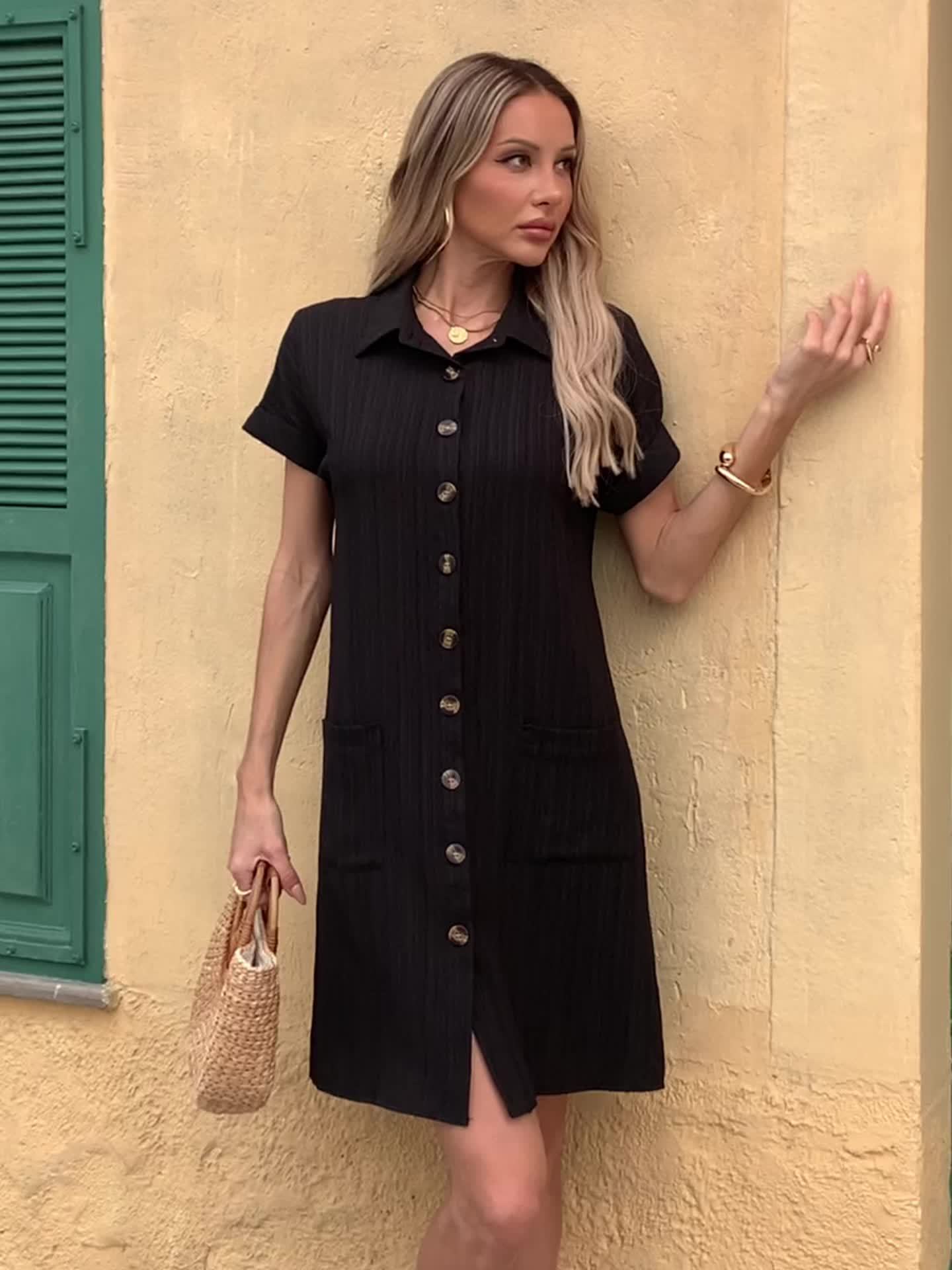 Robe chemise décontractée femme manches courtes boutons style estival