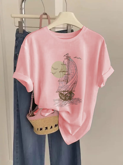 T-shirt décontracté femme motif bateau vintage style nautique aventure urbaine