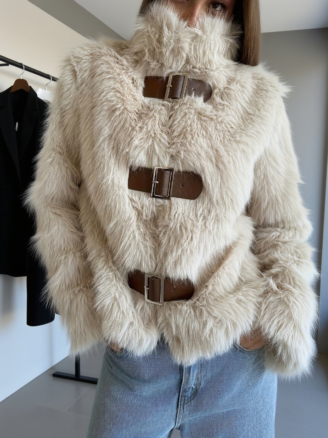 Veste Femme en Fausse Fourrure Beige avec Boucles Décoratives