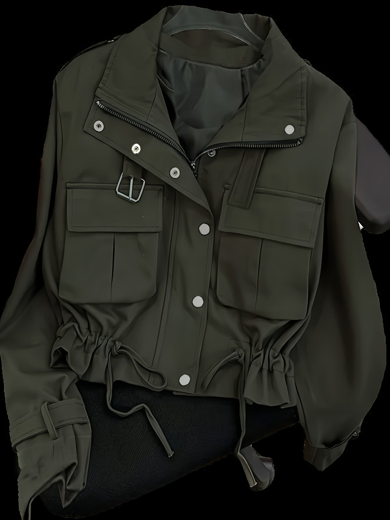 Veste Courte Cargo pour Femme à Boutons et Ceinture Boucle Couleur Unie