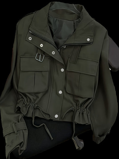 Veste Courte Cargo pour Femme à Boutons et Ceinture Boucle Couleur Unie
