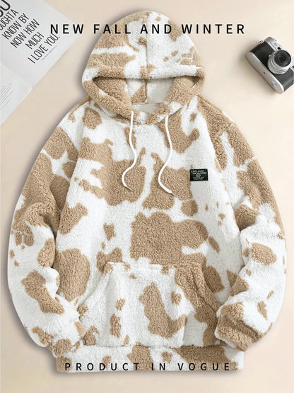 Sweat à capuche Sherpa motif peau de vache bicolore avec poche kangourou
