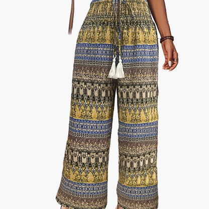 Pantaloni larghi stile bohémien da donna, stampa geometrica, vita elasticizzata, ideali per vacanze e estate