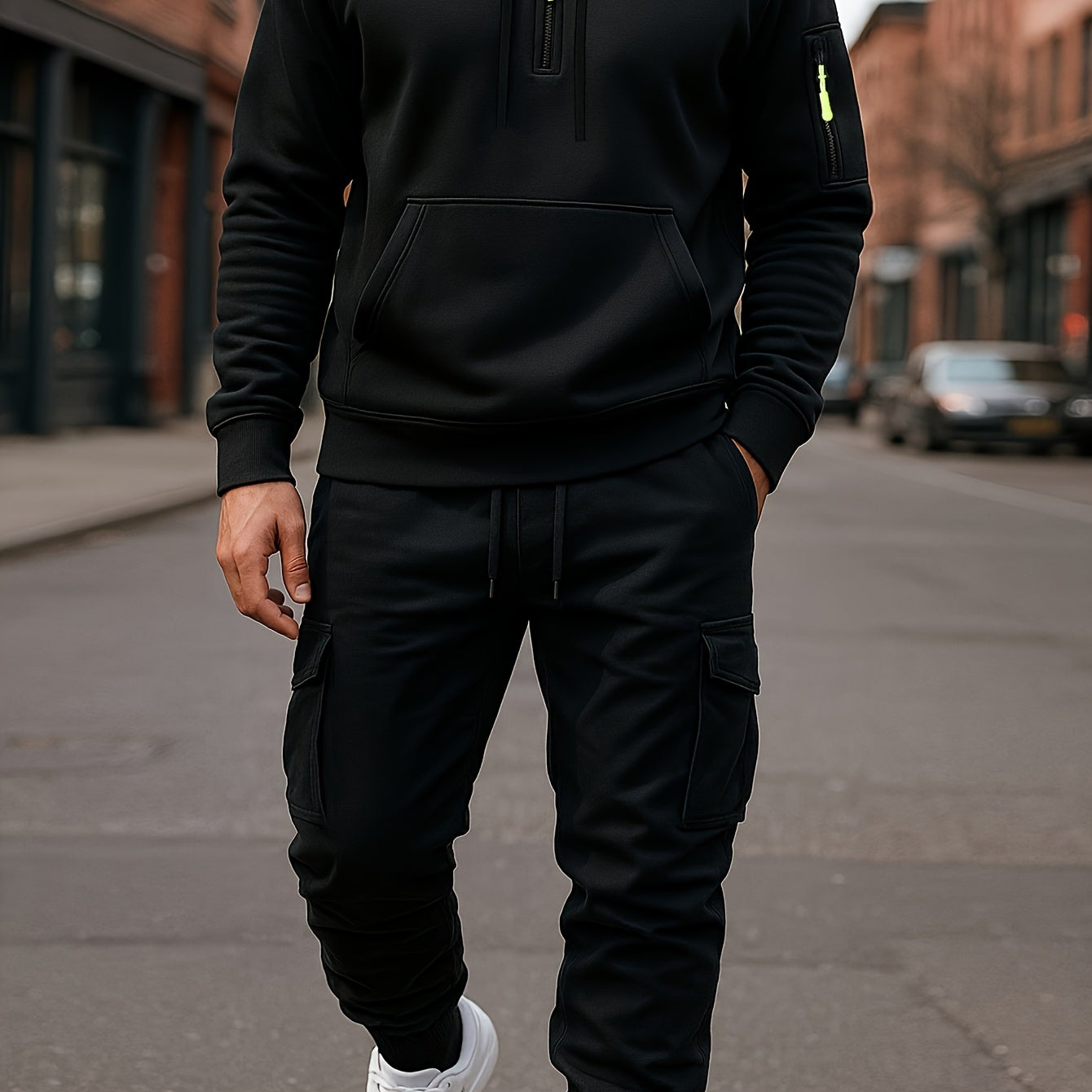 Ensemble Homme Survêtement Capuche et Pantalon Cargo Molletonné Uni
