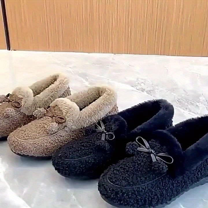 Mocassins Femme Doux et Chauds Noirs avec Nœuds Décoratifs