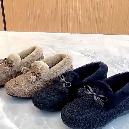 Mocassins Femme Doux et Chauds Noirs avec Nœuds Décoratifs