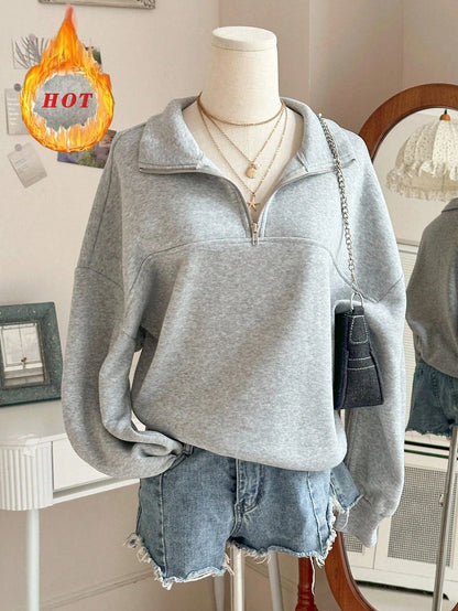 Sweatshirt Femme Col Zippé Gris à Manches Longues Doux