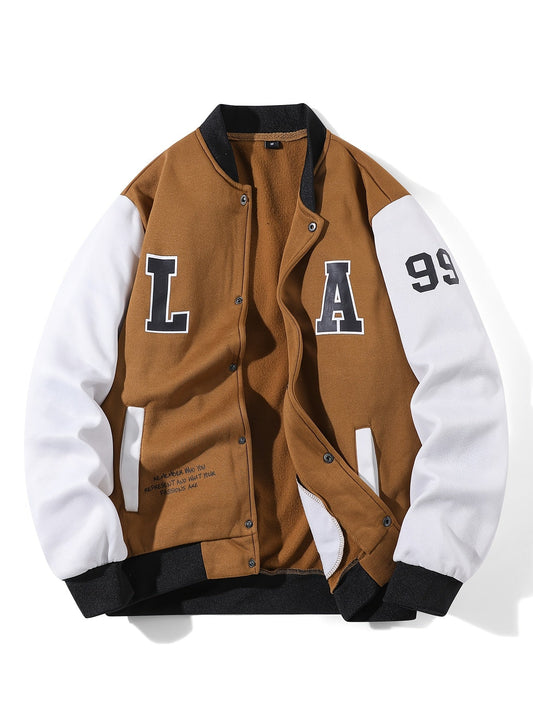 Veste style universitaire bicolore Marron Blanc à boutons pression pour homme