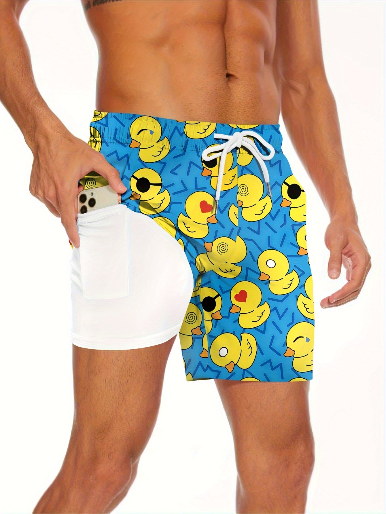 Herren-Badeshorts mit gelbem Entenmotiv, lustiger Stil für Pool und Strand  