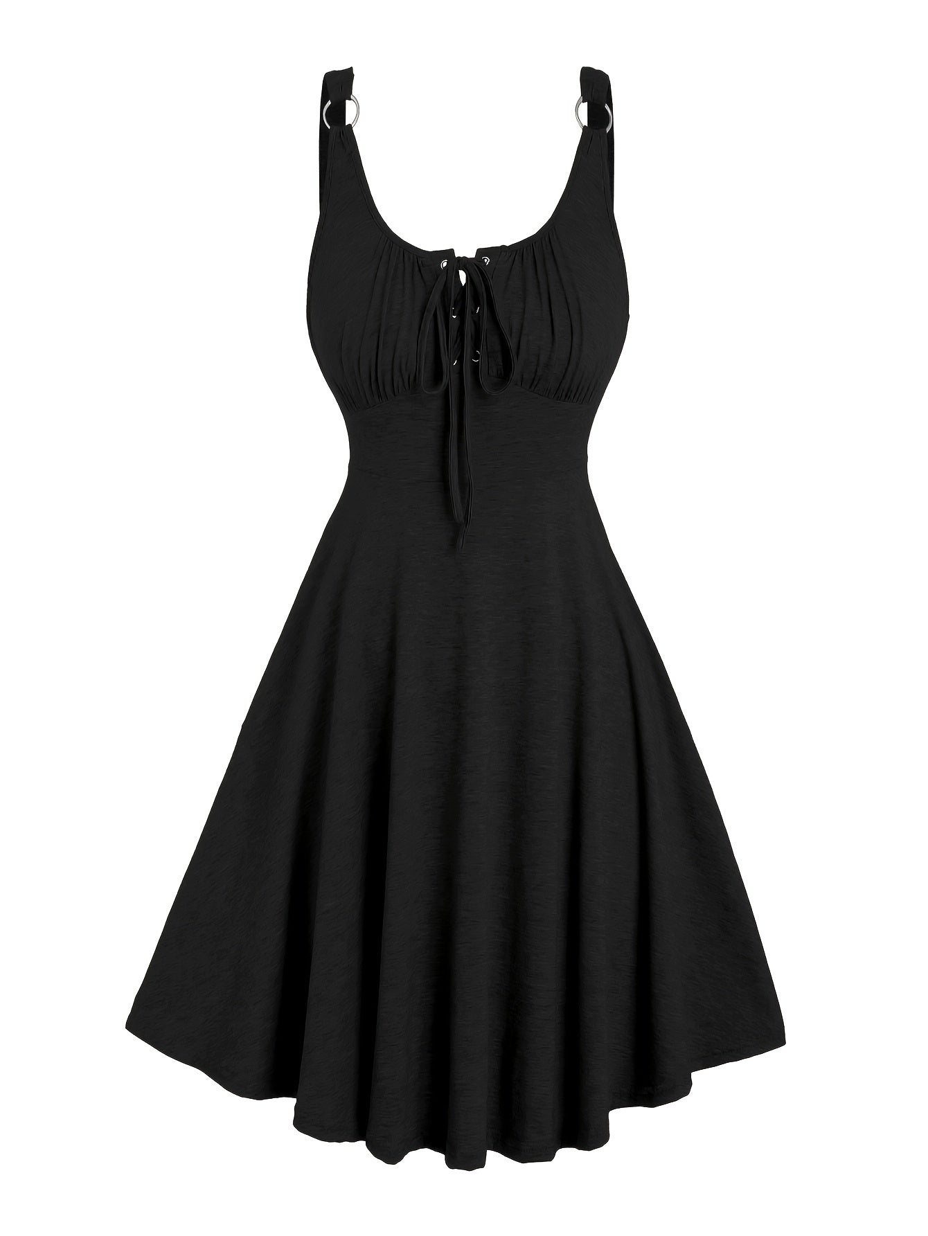 Lässiges Damenkleid mit Ausschnitt und Ösen-Trägern, ausgestellter Frühling-Sommer-Stil  