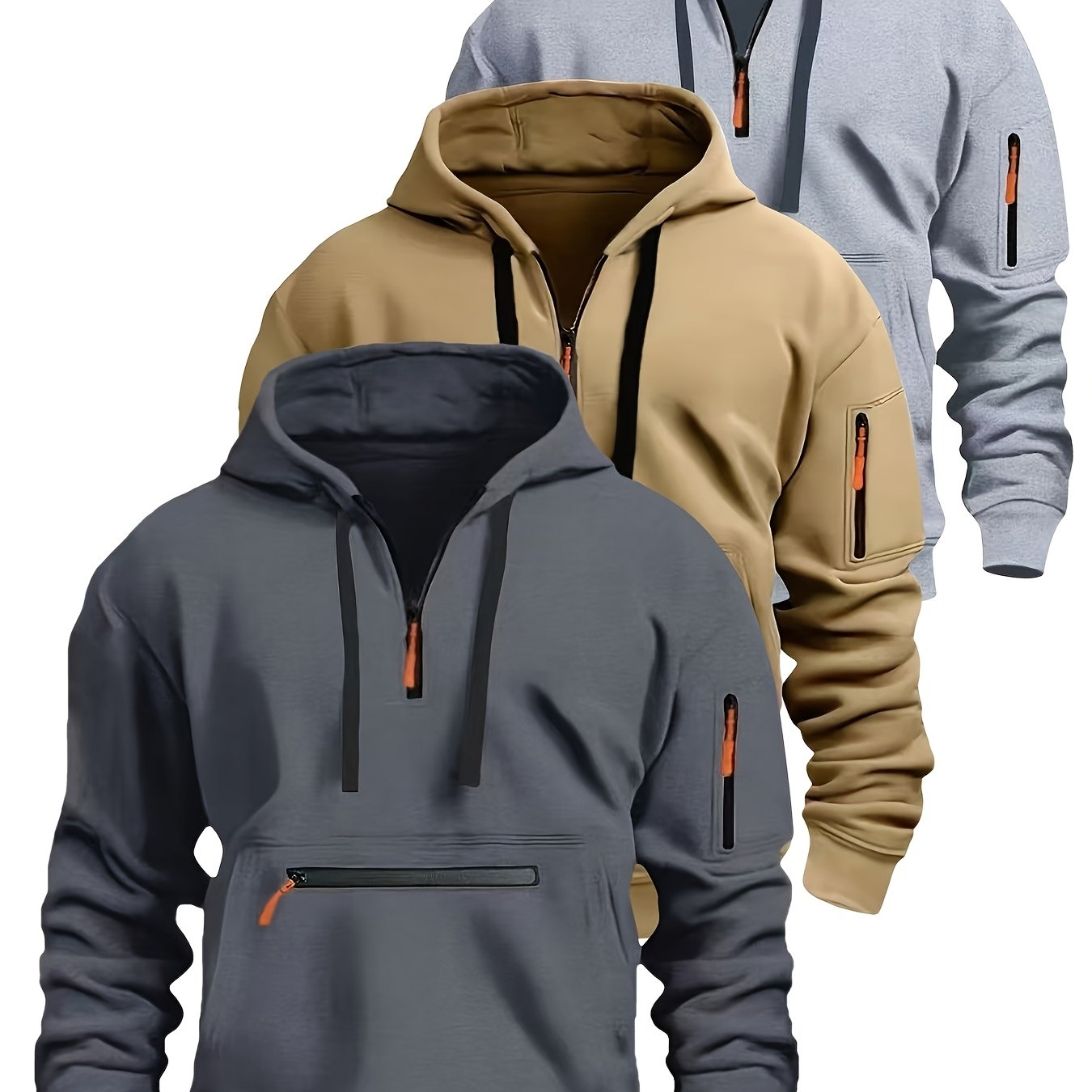 Sweat à Capuche Homme Zippé Mi-long avec Poche Kangourou et Manches Zippées