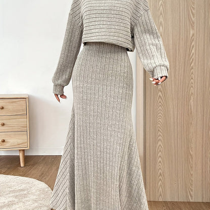Ensemble pull court et jupe longue côtelés gris pour femme