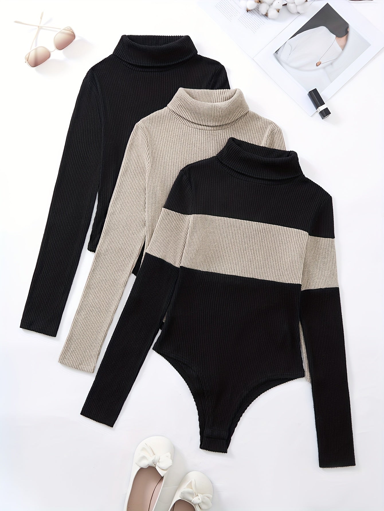 Body côtelé femme col roulé manches longues noir beige