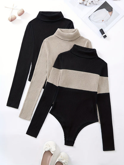Body côtelé femme col roulé manches longues noir beige