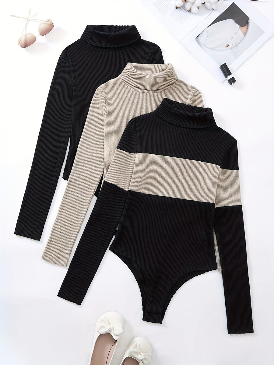 Women's ribbed bodysuit, turtleneck, long sleeves, black and beige
