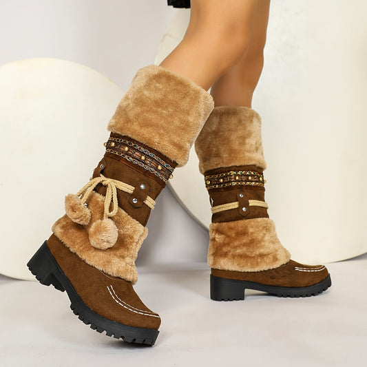 Bottes Femme Mi-Mollet Chaudes Style Ethnique Marron avec Fourrure et Pompons