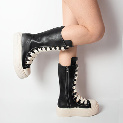 Bottes montantes noires à lacets blancs, style basket, semelle plateforme
