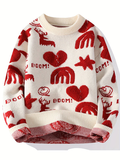 Pull tricoté col rond à motifs variés pour homme - Noir, Blanc ou Rouge