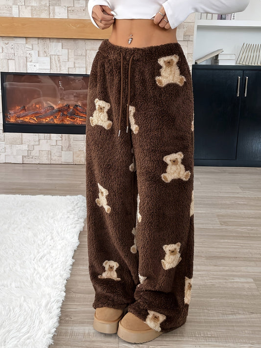 Pantalon de détente doux marron large avec motif ours en peluche