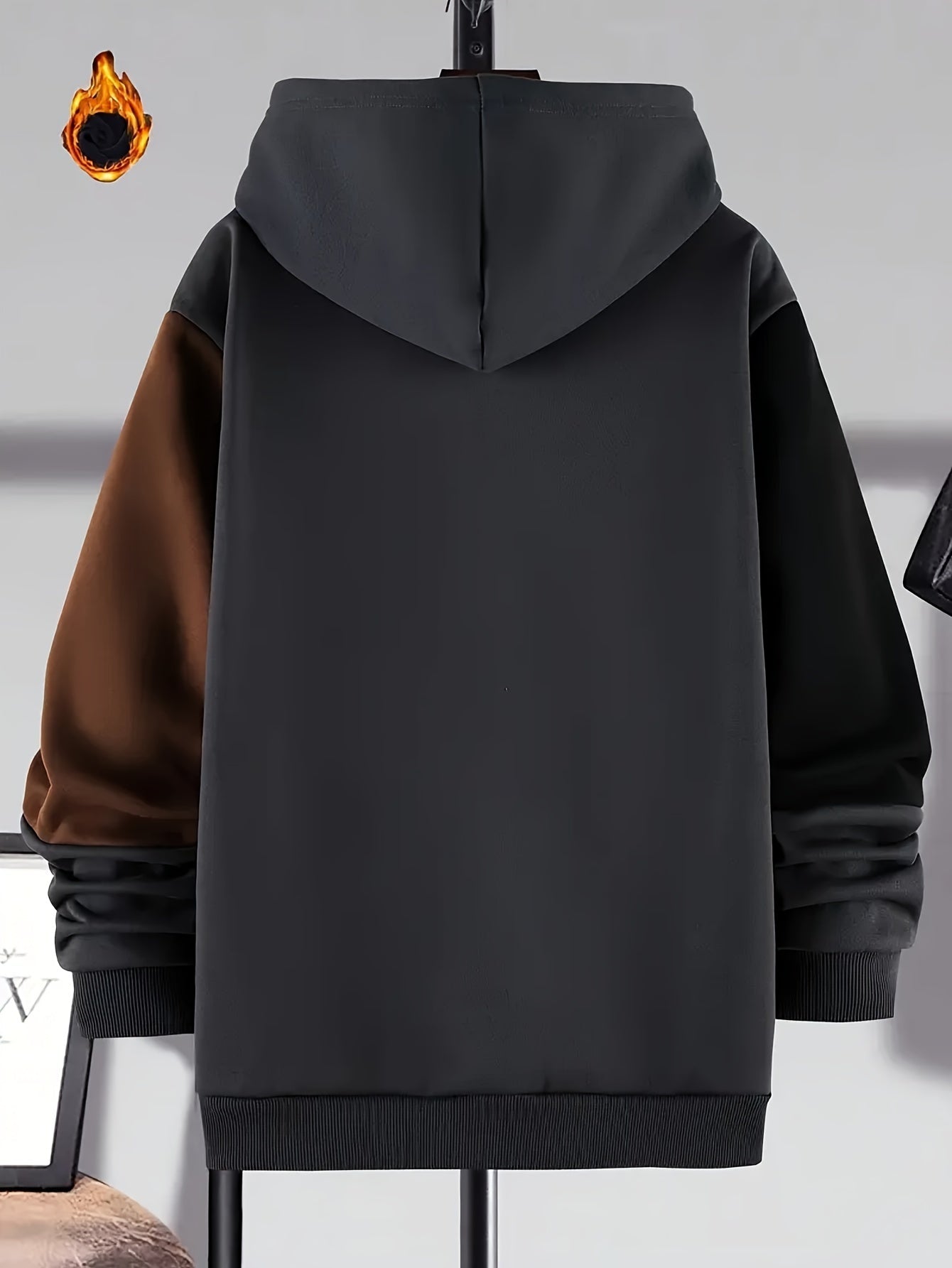 Sweat à Capuche Color Block Homme Noir Beige Marron Manches Longues Doublé Polaire