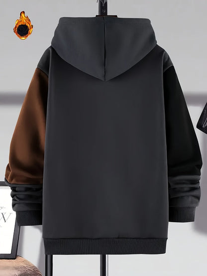 Sweat à Capuche Color Block Homme Noir Beige Marron Manches Longues Doublé Polaire