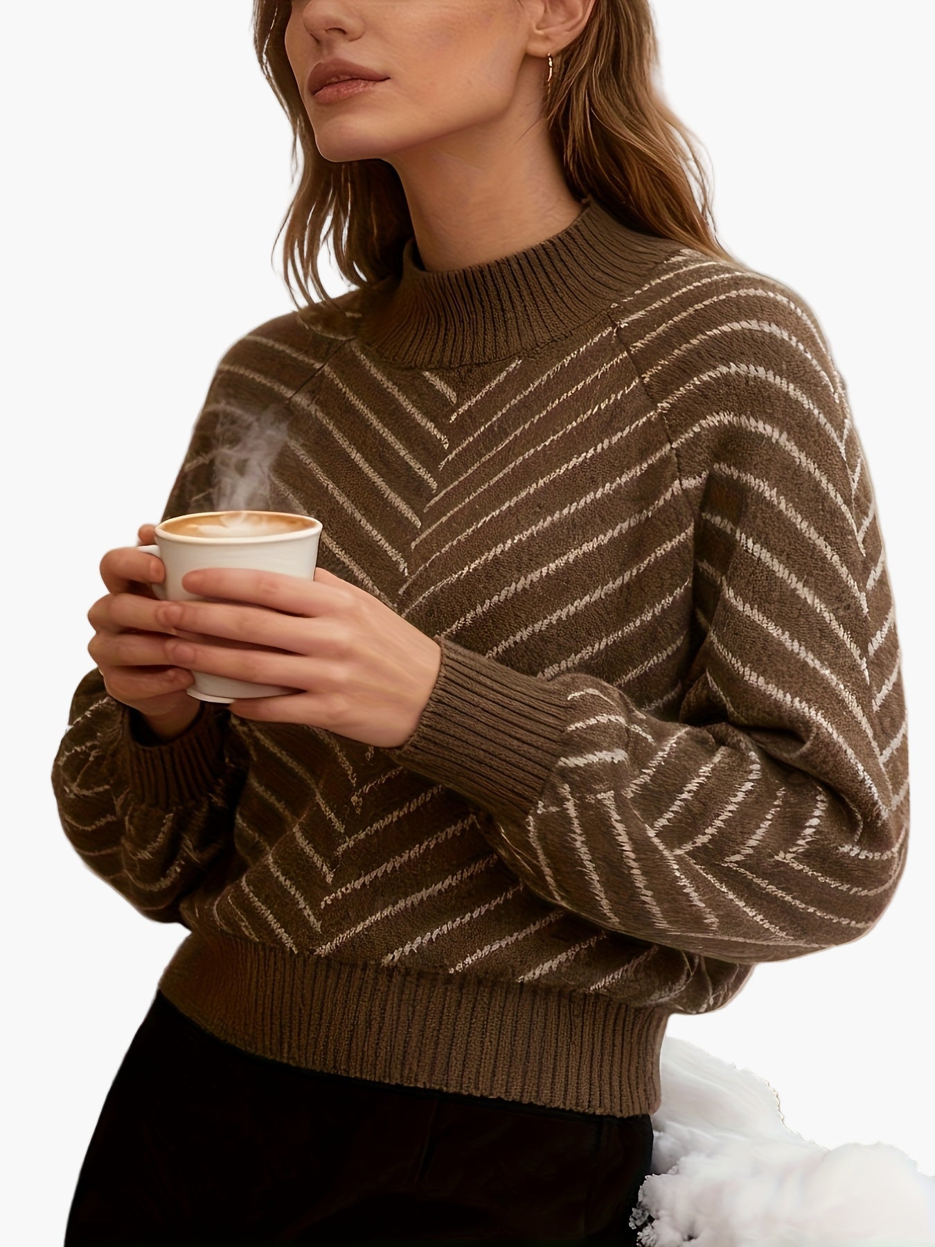 Elegante damestrui met opstaande kraag en gestreept patroon, herfst-winterstijl