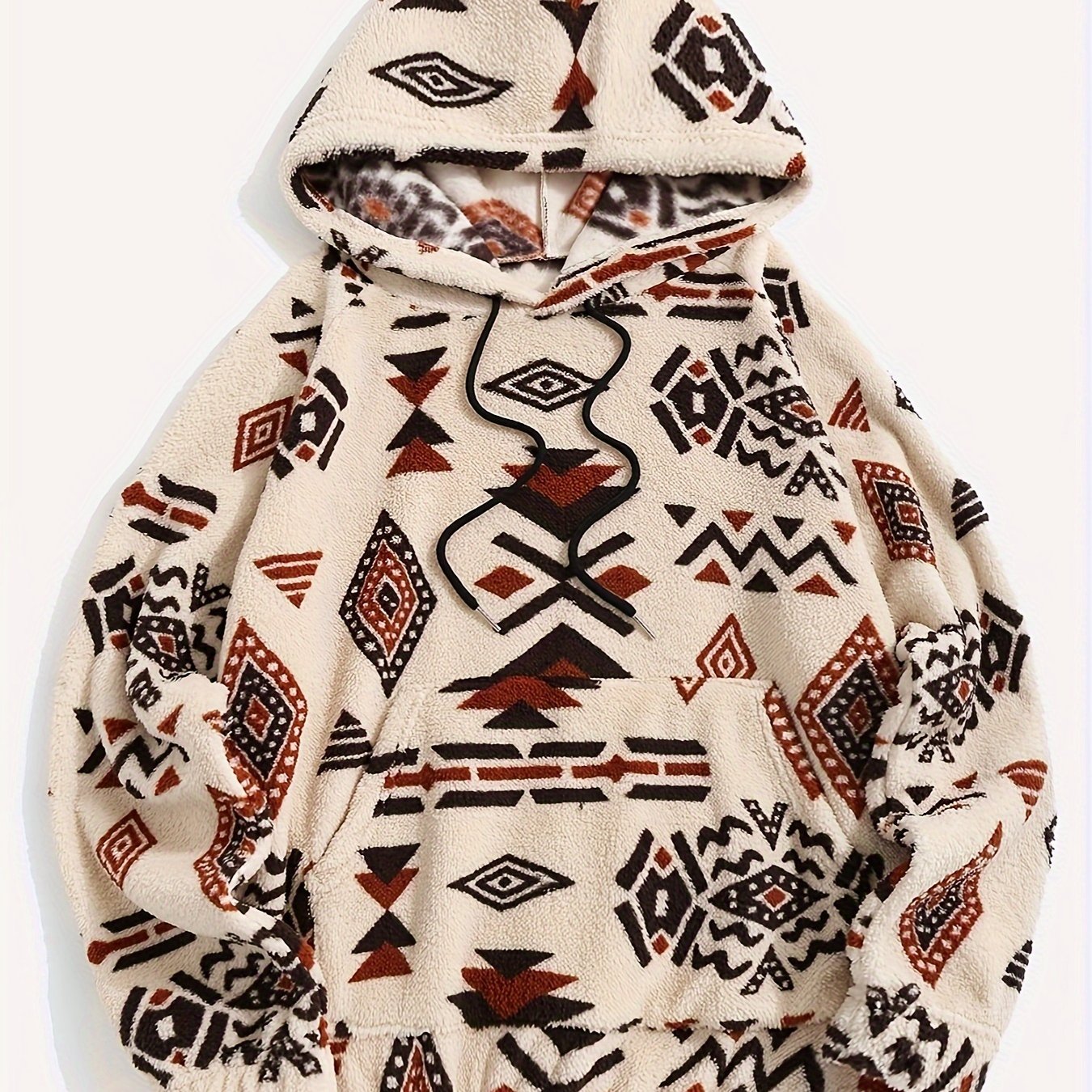 Sweat à Capuche Molletonné Motif Ethnique Beige et Marron avec Poche Kangourou