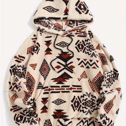 Sweat à Capuche Molletonné Motif Ethnique Beige et Marron avec Poche Kangourou