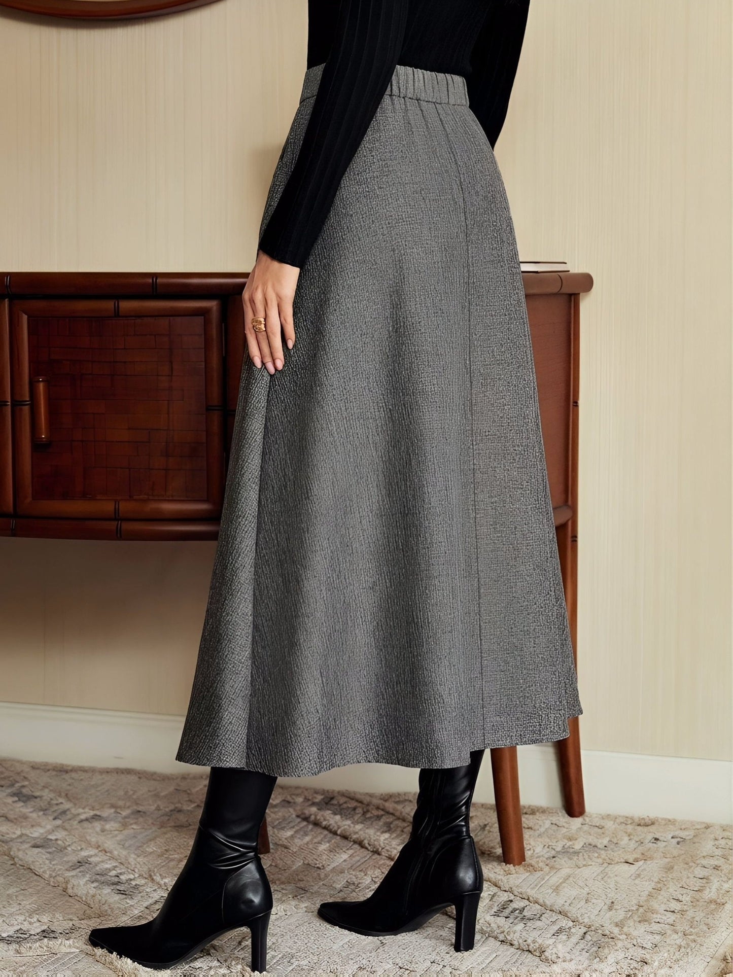 Jupe longue évasée taille haute unie gris chiné pour femme