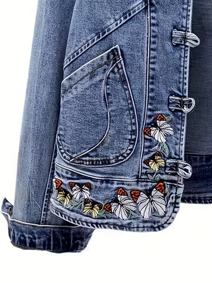 Veste en Jean Femme Col Mandarin Boutons Brandebourg Broderie Papillons
