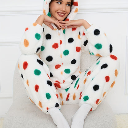 Combinaison Pyjama Polaire Femme à Capuche Ourson ou Pois Colorés Fermeture Éclair